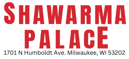 The logo for shawarma palace is red on a white background.