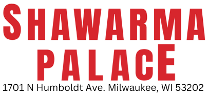 The logo for shawarma palace is red on a white background