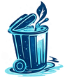 Blue stylized trash can with lid open and a leaf sprouting from inside