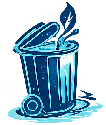 Blue stylized trash can with lid open and a leaf sprouting from inside