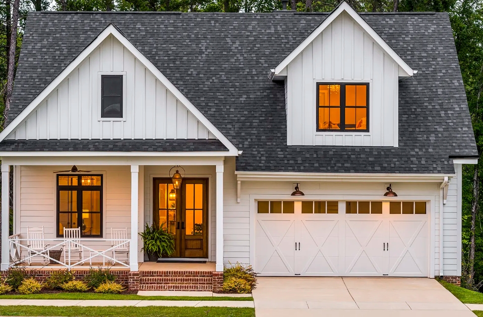 Farm house garage door in base color white and overlay cladding color white with window top section in Sarasota, FL