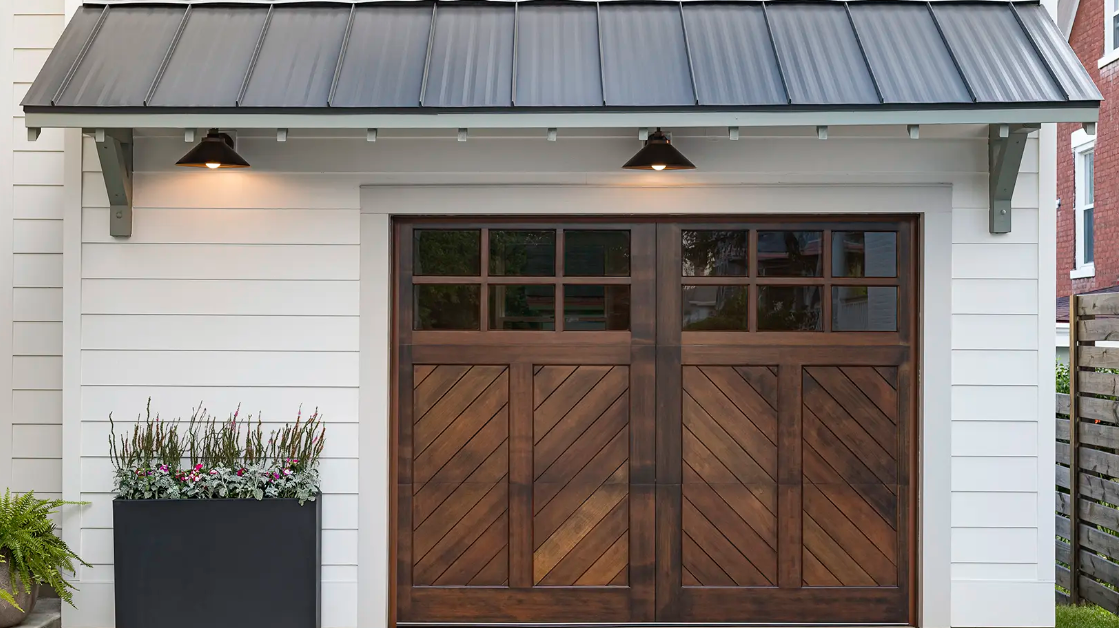 Real wood garage door featuring distinctive windows in Sarasota, FL