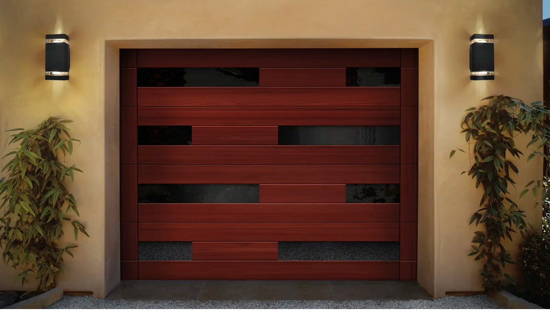 Elegant custom wood garage door with unique window patterns in Bradenton, FL