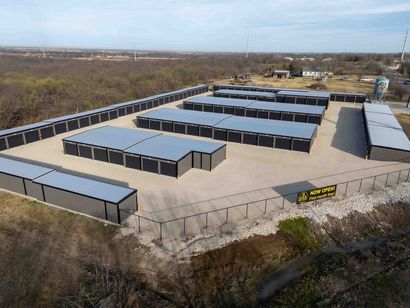 Aerial view of The Reserve Self Storage in Gunter, TX showing brand-new drive-up storage units with ground-level access