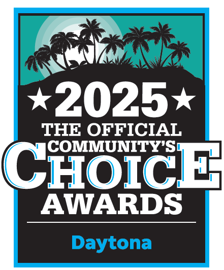 2025 Daytona Community’s Choice Awards logo featuring black palm tree silhouettes against a turquoise sky background.
