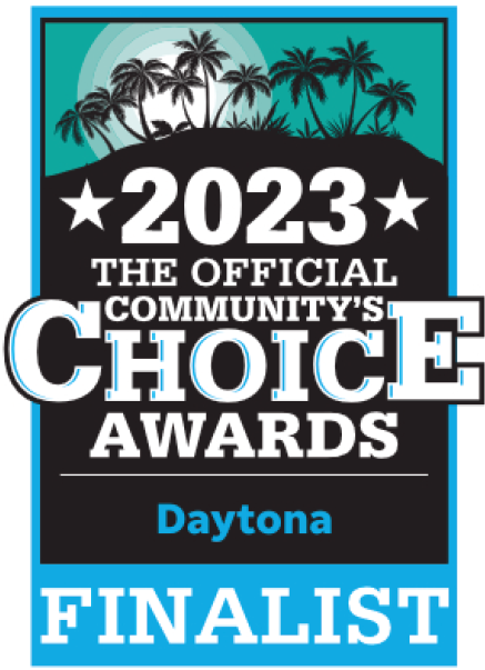 2023 Daytona Community's Choice Awards Finalist logo featuring silhouettes of palm trees against a teal circular sun.