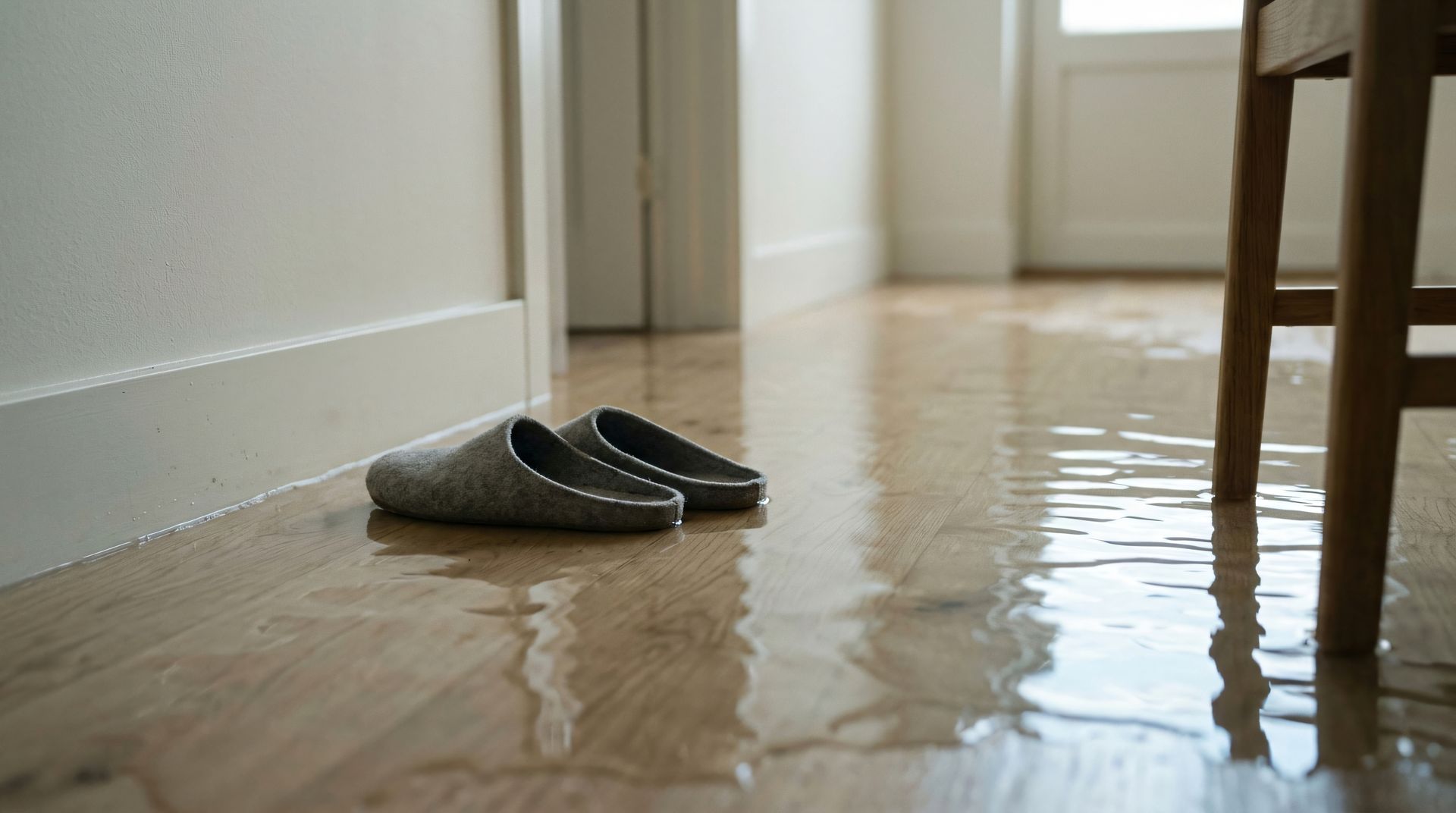 Pair of gray slippers on a wet hardwood floor in a bright room