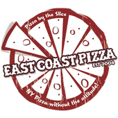 The logo for east coast pizza shows a slice of pizza