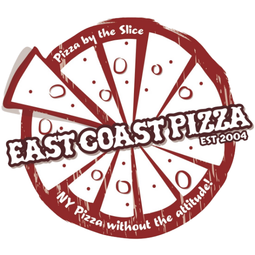 The logo for east coast pizza shows a slice of pizza