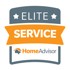 HomeAdvisor Elite Service badge: gray, orange, and white logo with 