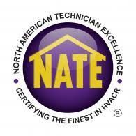 NATE certification logo: yellow house outline over purple circle with 