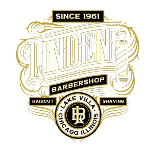 Logo for Linden Barbershop: Gold and black design with text and barber pole. Includes "Since 1961" and location "Chicago, Illinois."