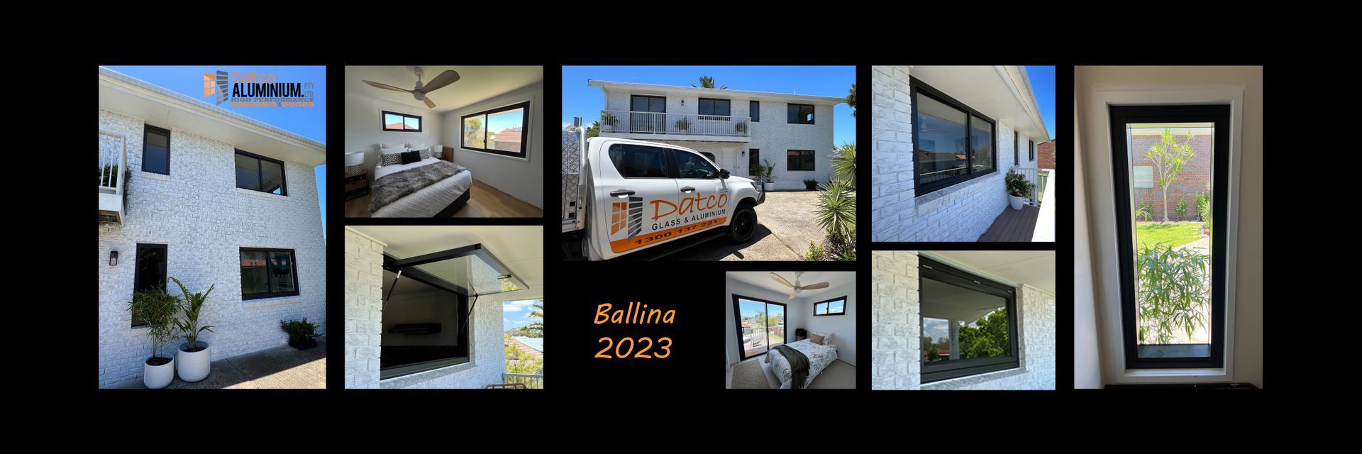 A collage of pictures of a house and a truck.