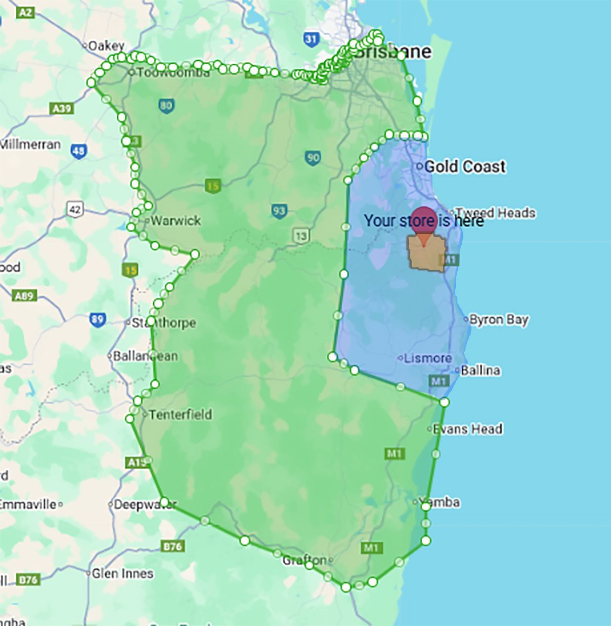 Green shaded Queensland map with white boundary and a “Your store here!” marker near the Gold Coast — Datco Windows & Doors Pty Ltd In South Murwillumbah, NSW