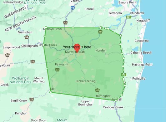 Map with a green shaded area outlined in dark green — Datco Windows & Doors Pty Ltd In South Murwillumbah, NSW