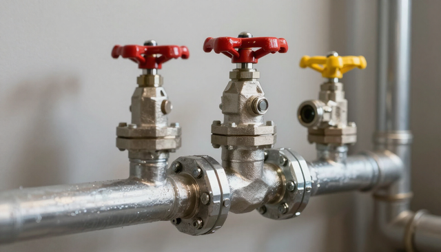Three valve handles on metal pipes, two red and one yellow, in an industrial setting