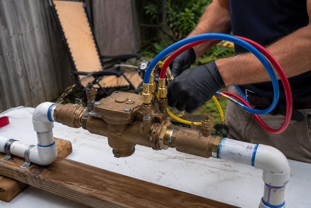 Person testing a brass pipe valve with red and blue hoses outdoors on a wooden workbench