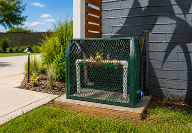 Outdoor gas meter inside a green metal cage beside a house and sidewalk
