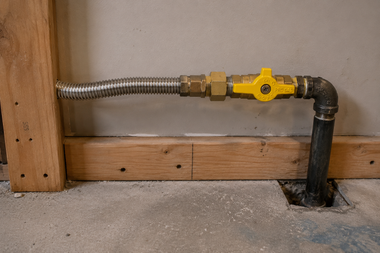 Yellow gas shutoff valve on a black pipe with a flexible metal connector near a wall.