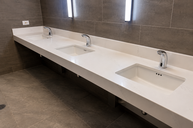 Modern restroom with three white sinks and chrome faucets on a long countertop against gray tile walls.