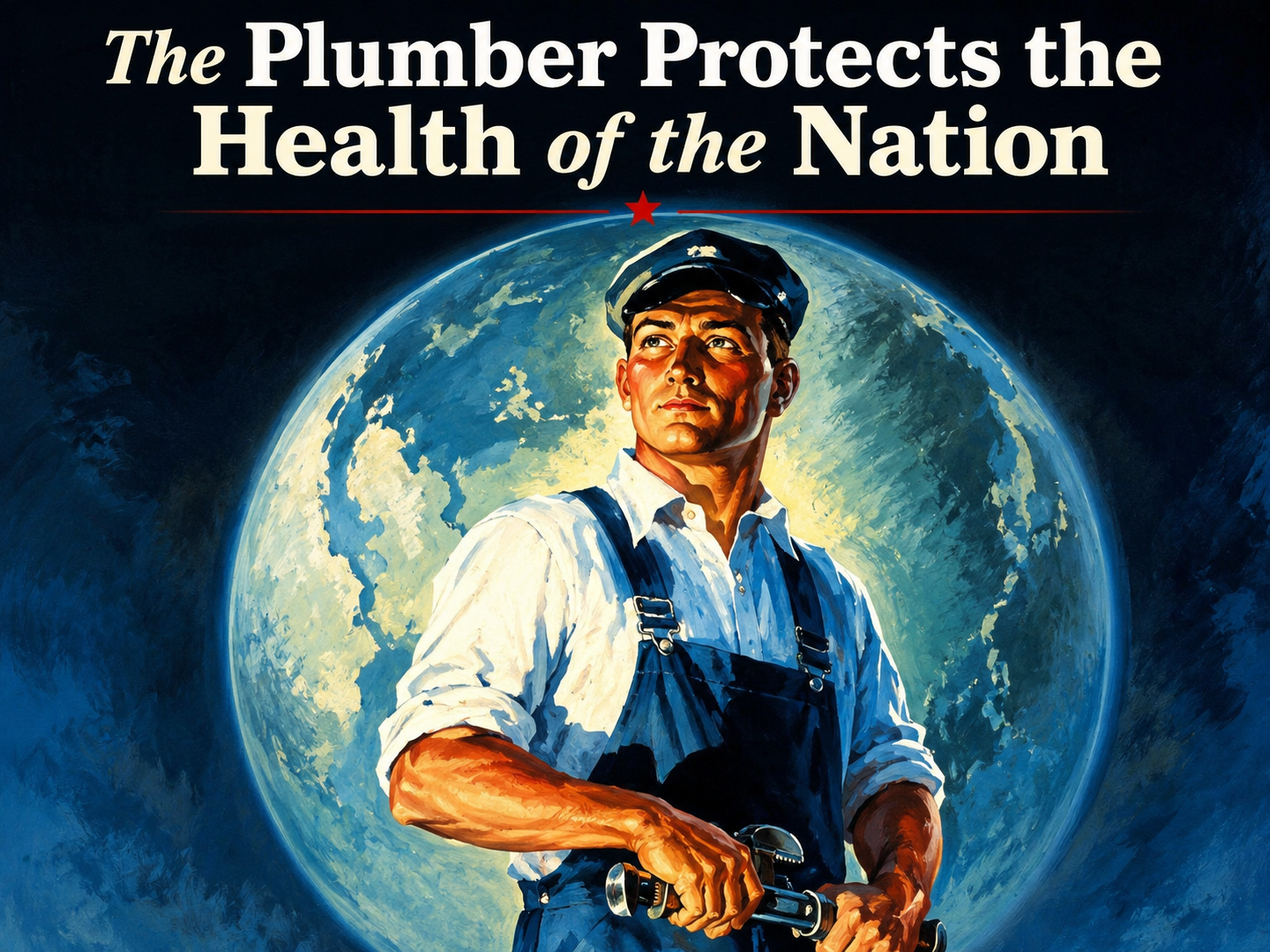 Plumber in blue overalls stands before a globe with the text “The Plumber Protects the Health of the Nation”