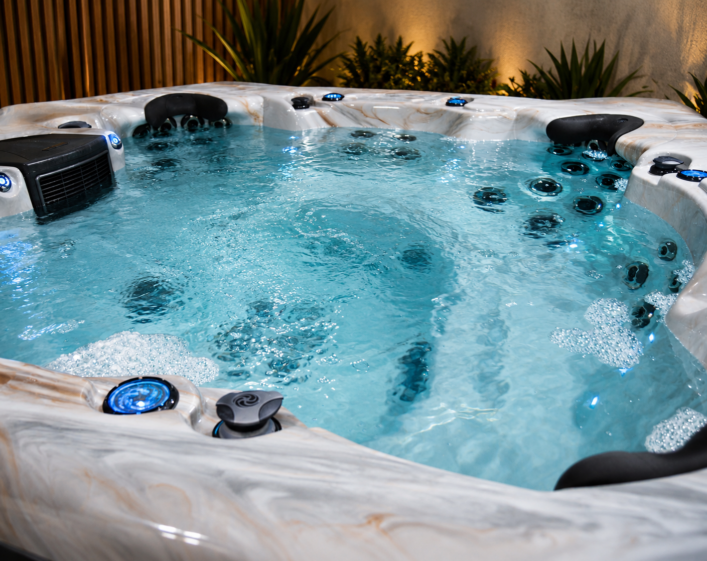 Round white hot tub with bubbling blue water and black jets indoors