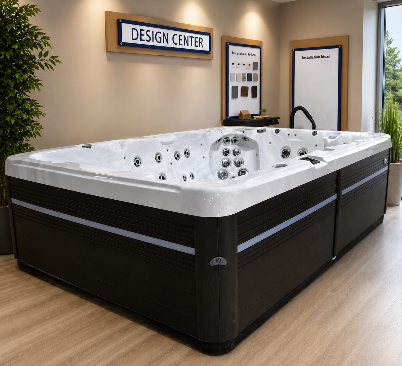 Showroom display of a large white and black hot tub in a design center interior