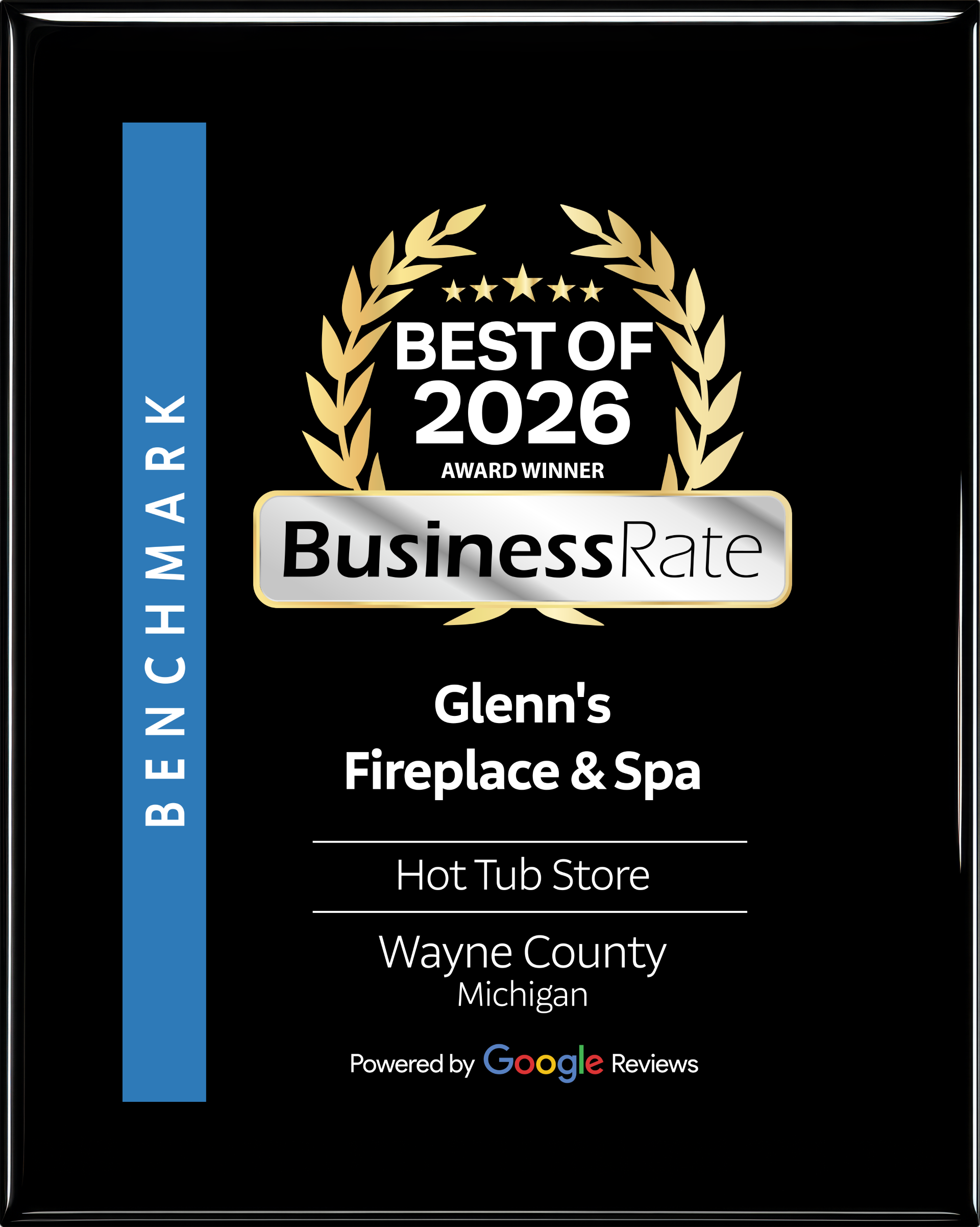 BusinessRate 2026 Best Of award plaque for Glenn's Fireplace & Spa in Wayne County, Michigan