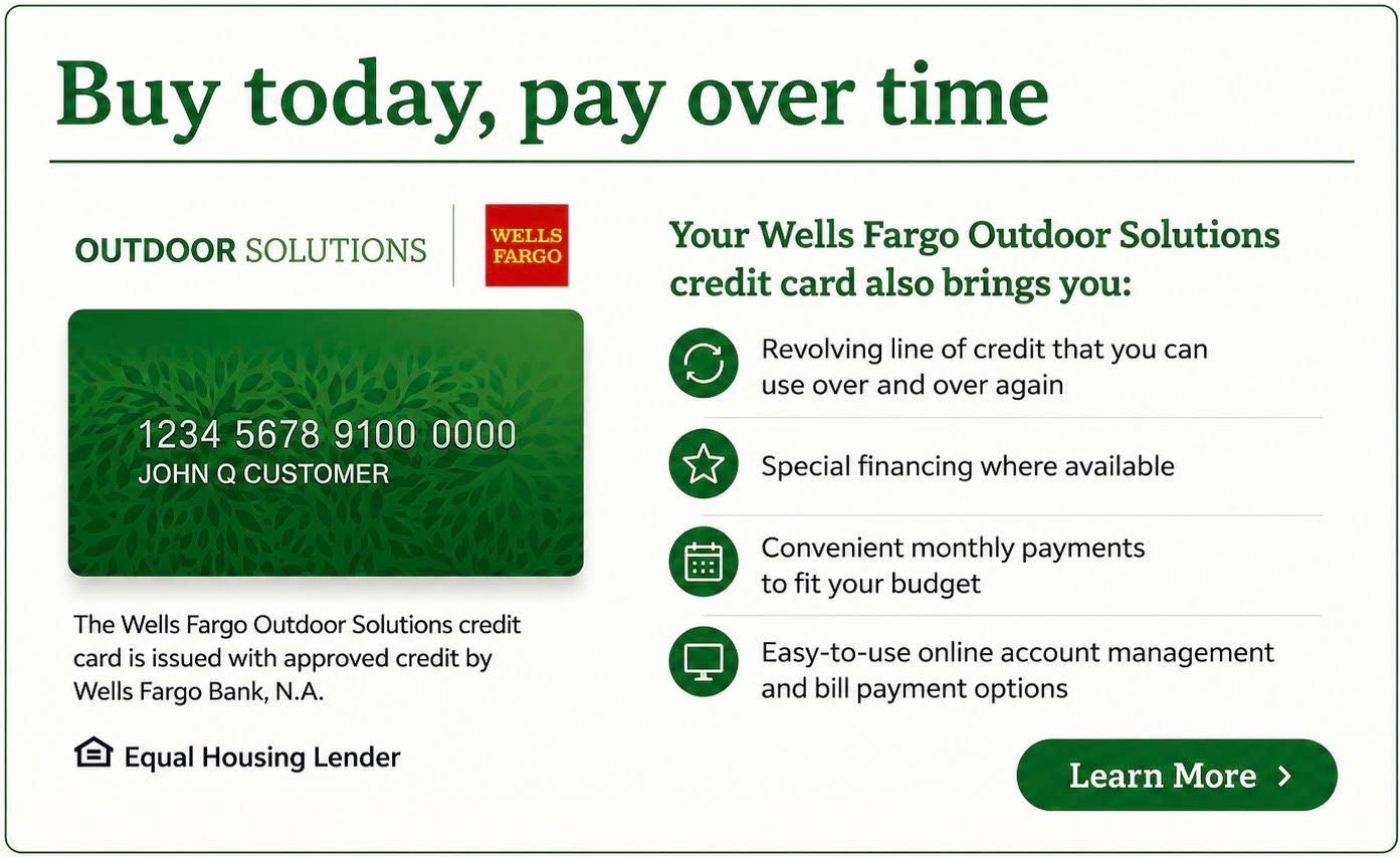 Wells Fargo Outdoor Solutions credit card ad with green card and “Buy today, pay over time” text