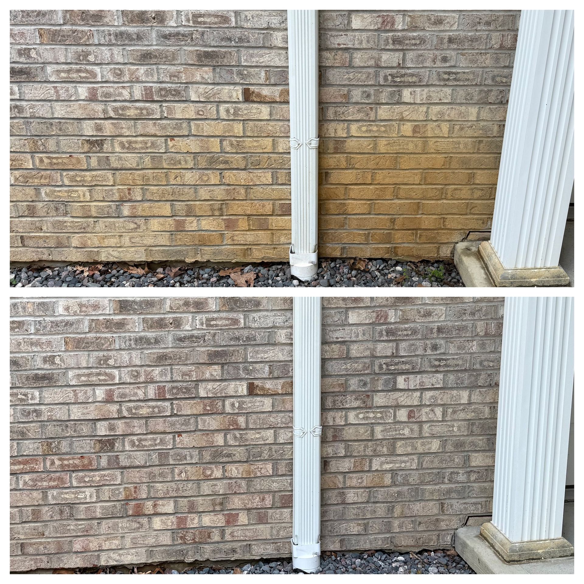 Before and after of a brick wall cleaned, showing dirt accumulation. Gutter and white pillar on the right.