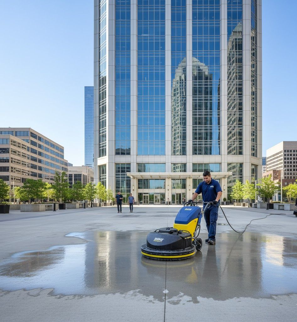A person uses a floor cleaning machine on a concrete plaza in front of skyscrapers.