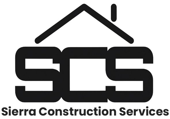 Logo for Sierra Construction Services, featuring a black house roof outline above the bold, stylized letters "SCS".