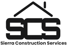 Logo for Sierra Construction Services, featuring a black house roof outline above the bold, stylized letters "SCS".