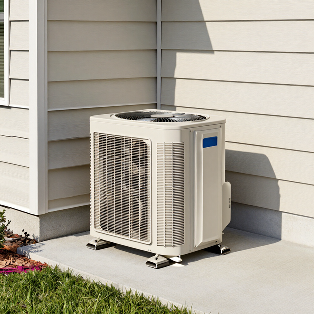 Outdoor HVAC unit beside a house wall on a concrete pad