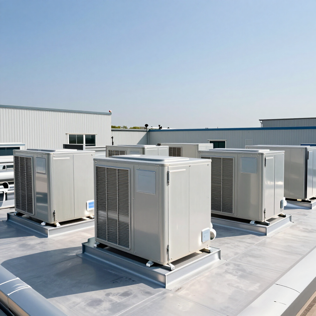 Rooftop HVAC units on a flat commercial building under a clear blue sky