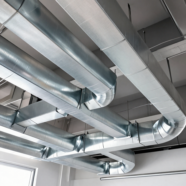 Silver HVAC ductwork and vents on a ceiling in an industrial interior