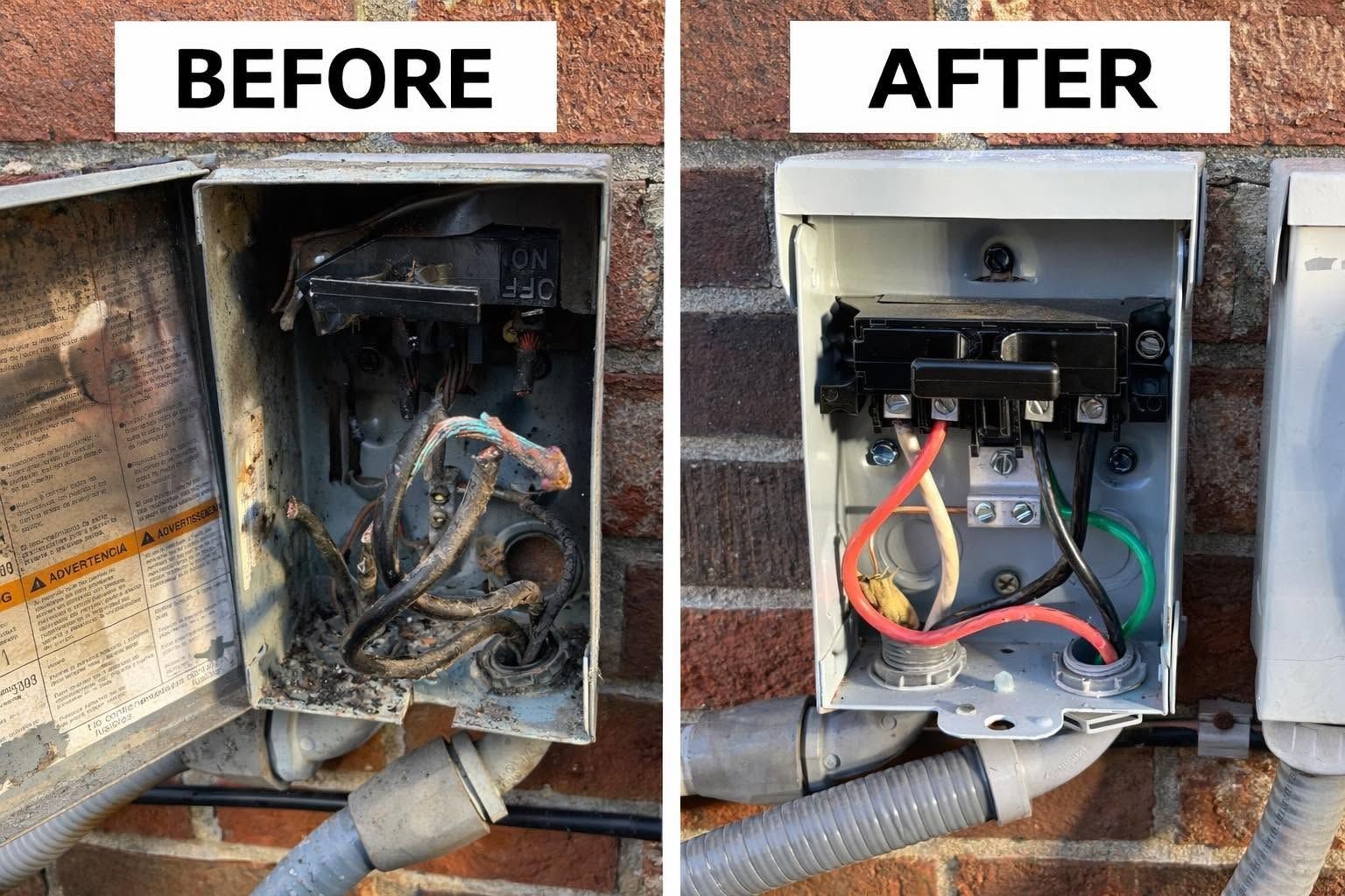 Before-and-after of an outdoor electrical box: tangled wires left, organized wiring and components right.