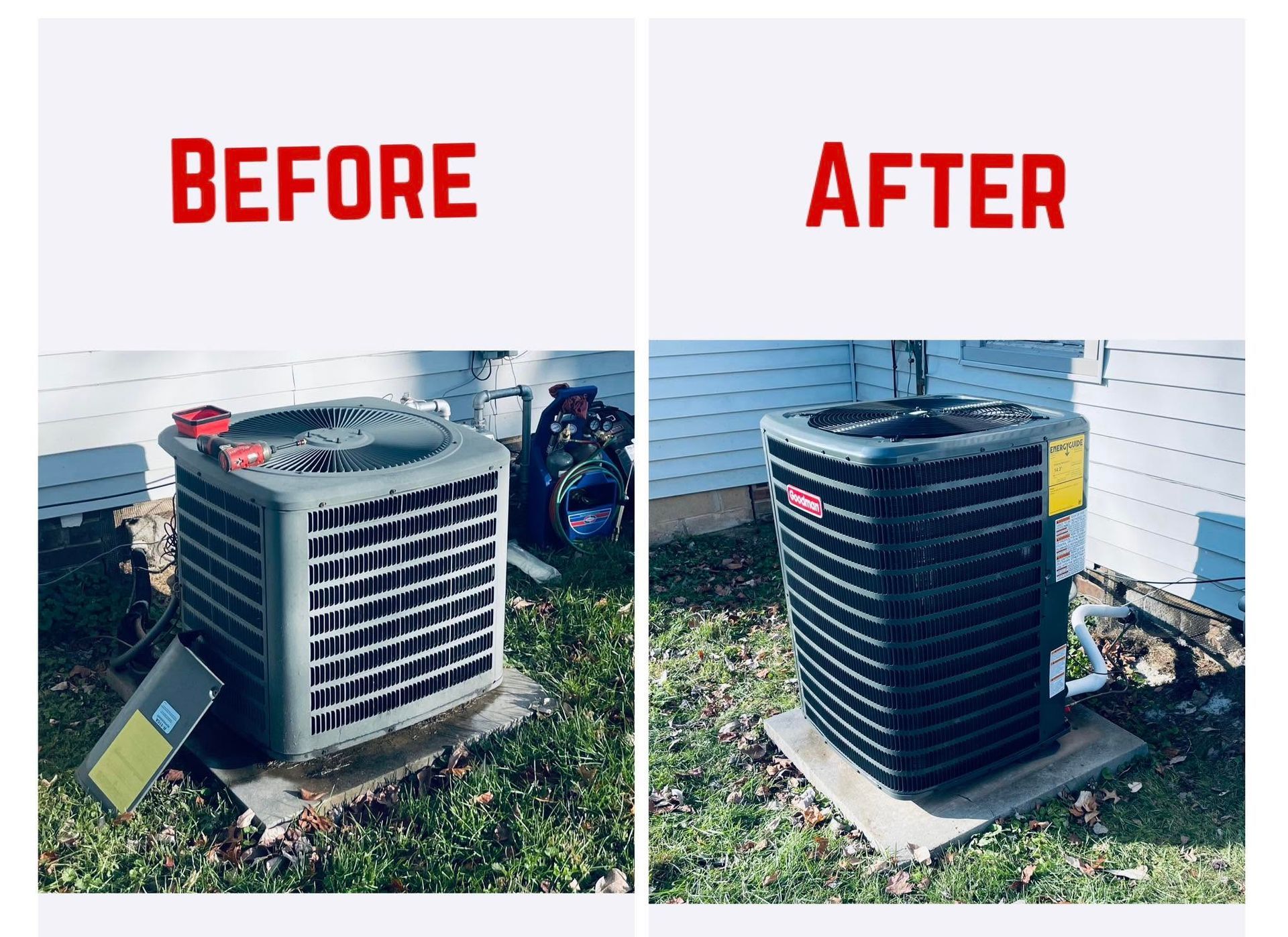 Before-and-after of an outdoor AC unit: dirty gray unit beside a cleaner black one.