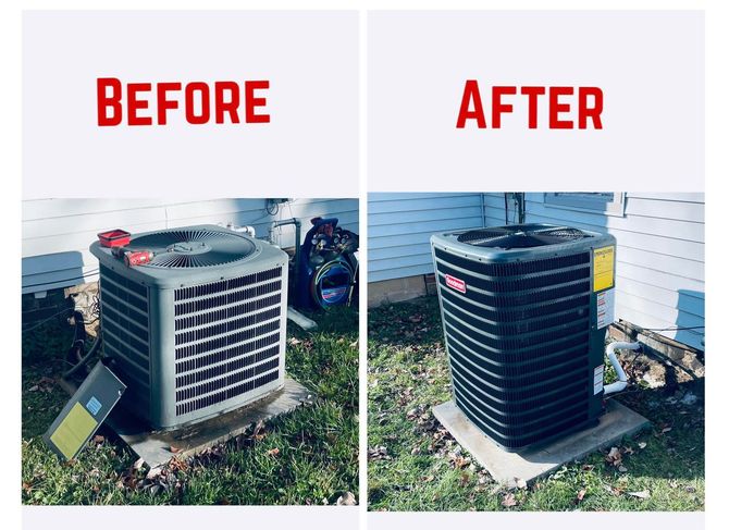 “Before” and “after” of an outdoor AC unit: dirty metal unit replaced with a clean black one beside a house.
