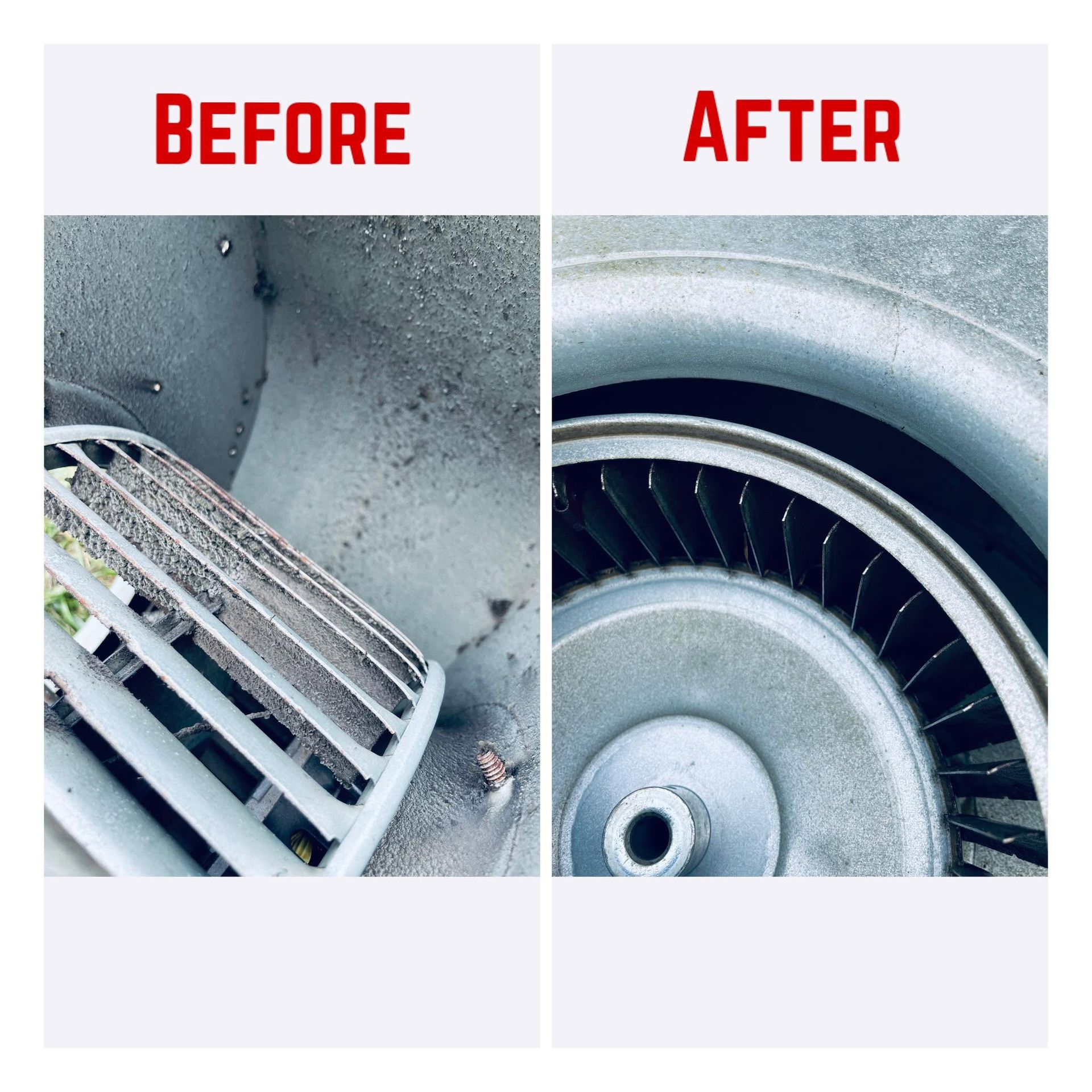 Before-and-after of a cleaned vent grille and fan blades in a gray duct or HVAC opening.