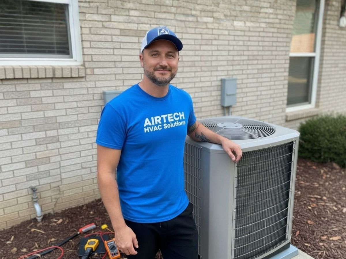 Technician in blue shirt standing beside outdoor HVAC unit next to a brick house.