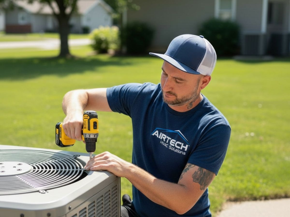 Technician using a yellow drill to repair an outdoor air conditioning unit on a lawn