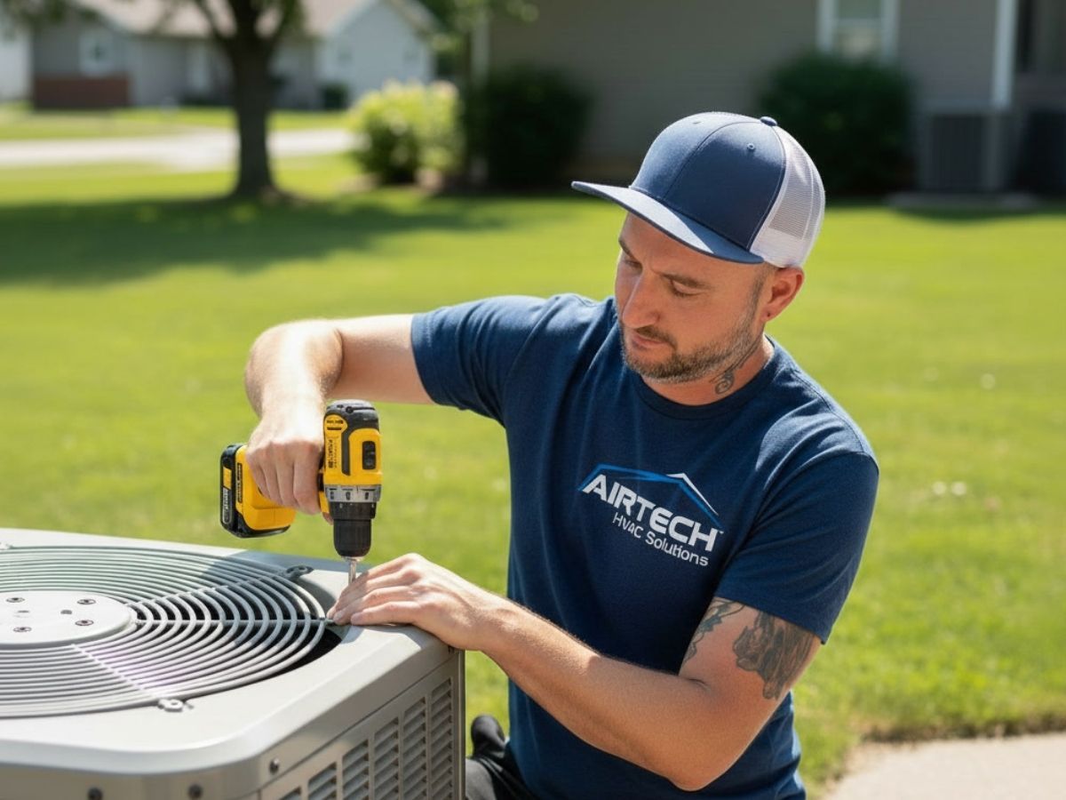 Technician using a cordless drill to service an outdoor HVAC unit on a sunny lawn