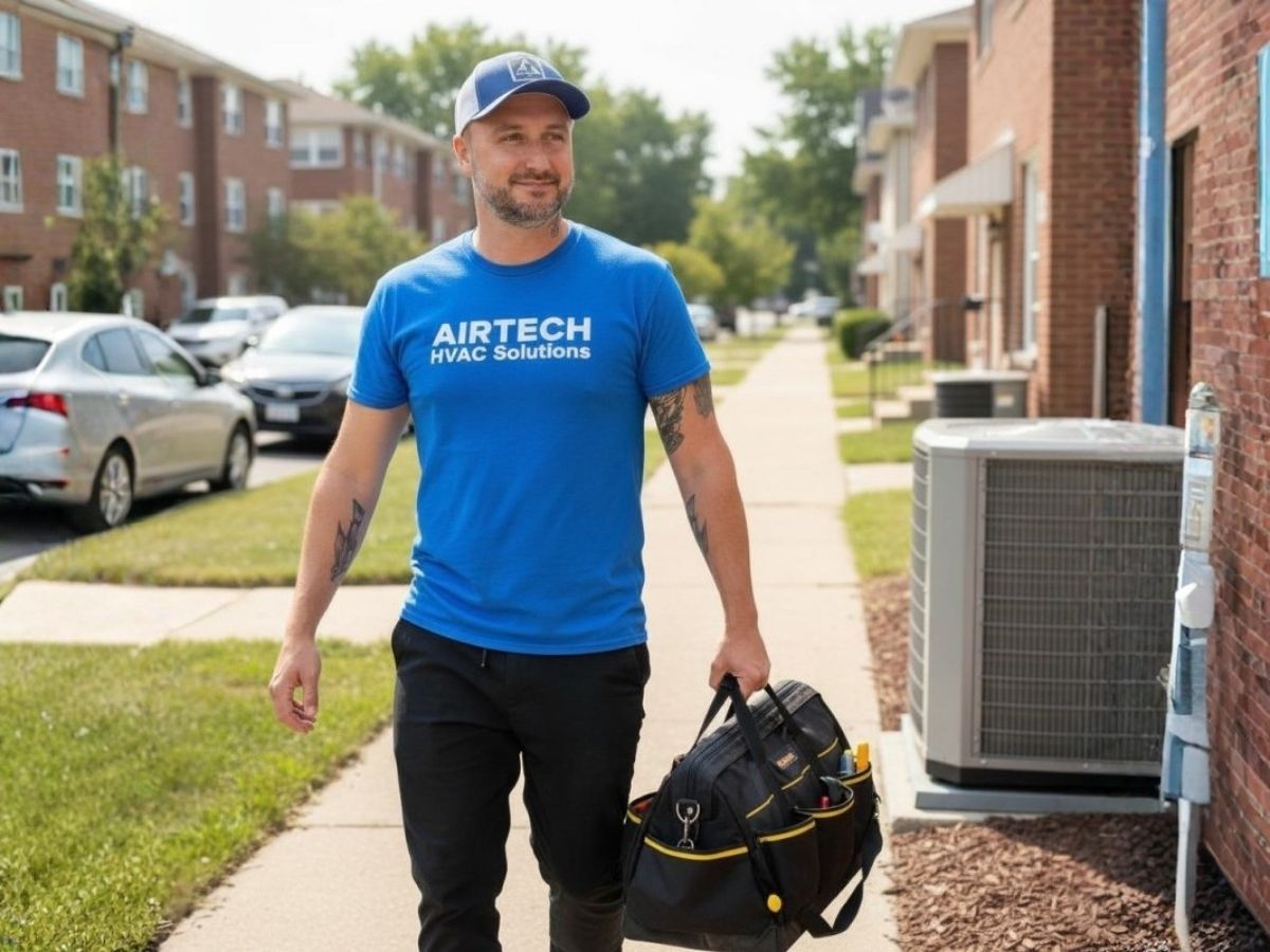 Technician in blue AIRTECH shirt carrying a tool bag on a sidewalk beside apartment buildings