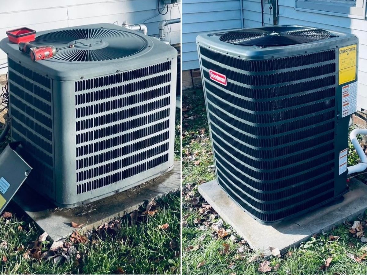 Two outdoor HVAC units beside a house, one gray and one black, on concrete pads.
