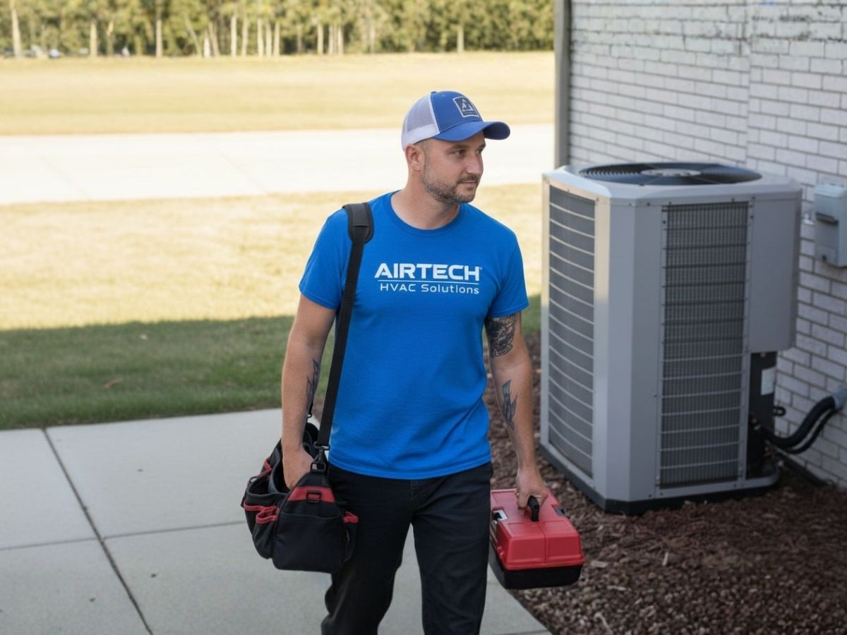 Technician crouches by an outdoor HVAC unit, using a yellow tool to service gauges and hoses.