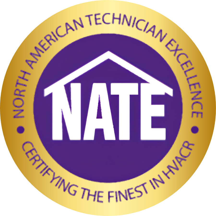 NATE certification logo: purple circle with gold ring and house roof outline, “North American Technician Excellence” text.