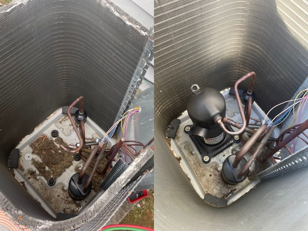 Two exposed electrical units inside metal enclosures with wires and components visible, one dirty and one cleaner
