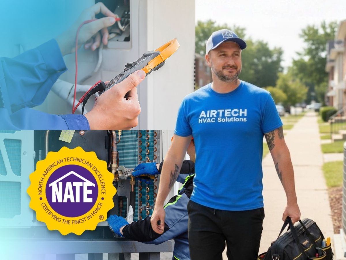 AIRTECH HVAC technician in blue shirt carrying tools and equipment, with repair close-up and NATE certification badge