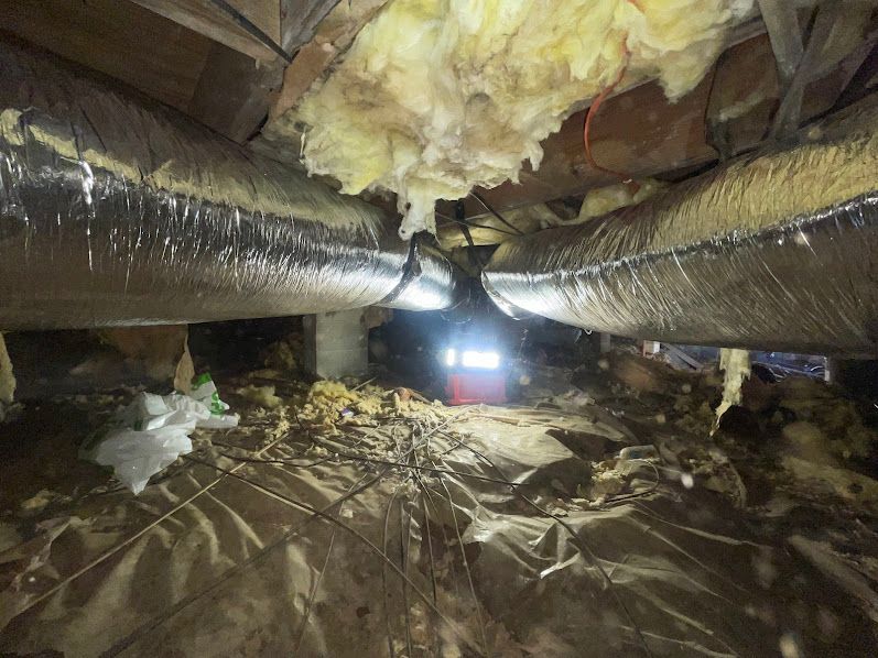 Low crawlspace with exposed insulation, ductwork, and debris under a damaged floor